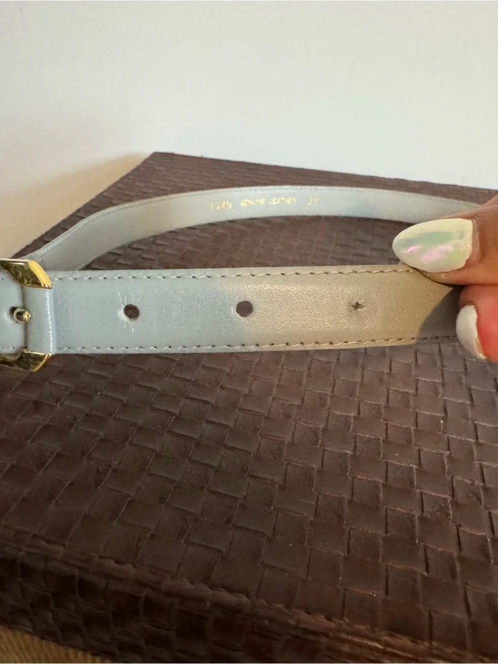Light Gray Leather Belt with Gold Buckle - Women's Accessory